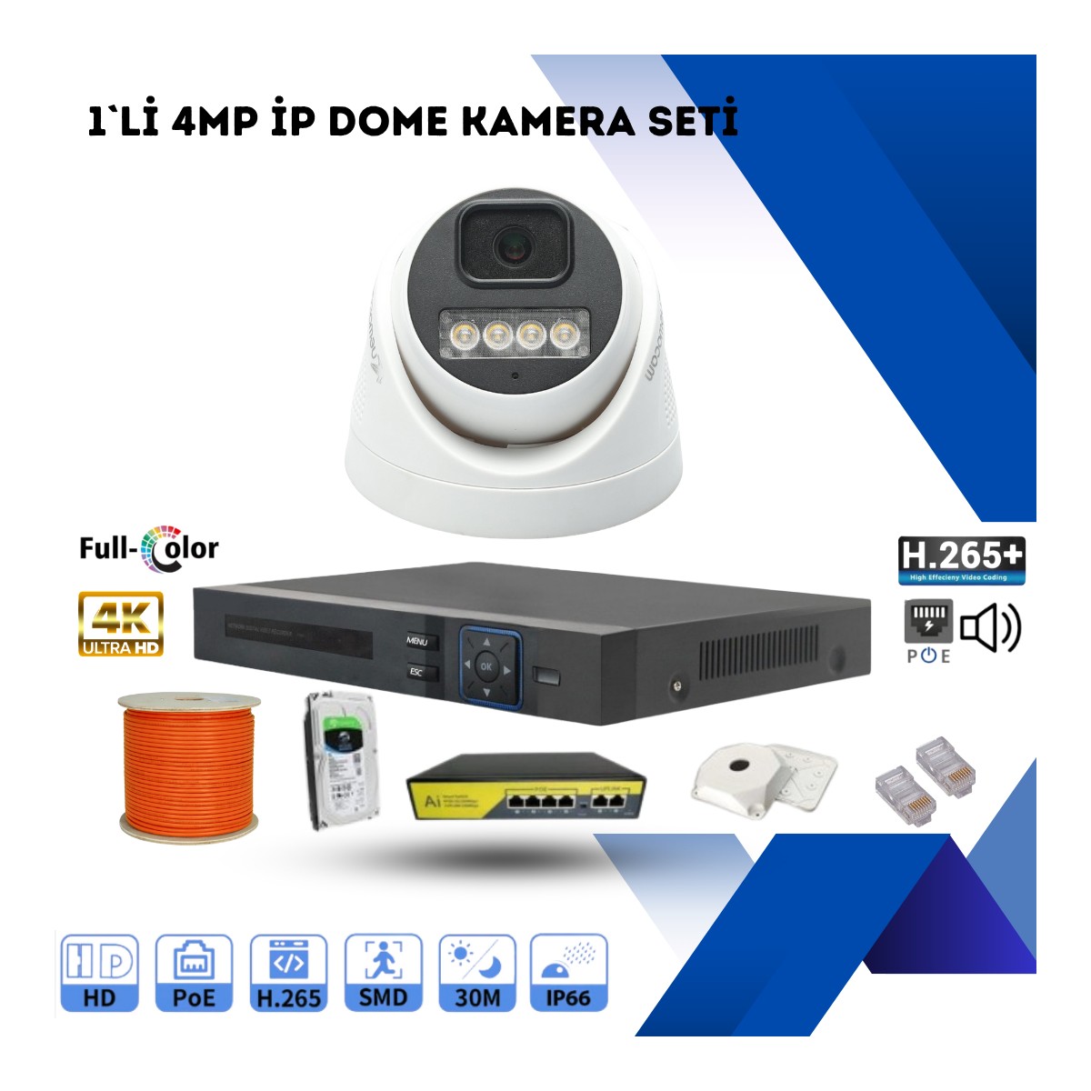 Go Vision 1'li Güvenlik Ip Dome Kamera Seti - 4mp Dış Mekan Kamera, 3.6mm Lens