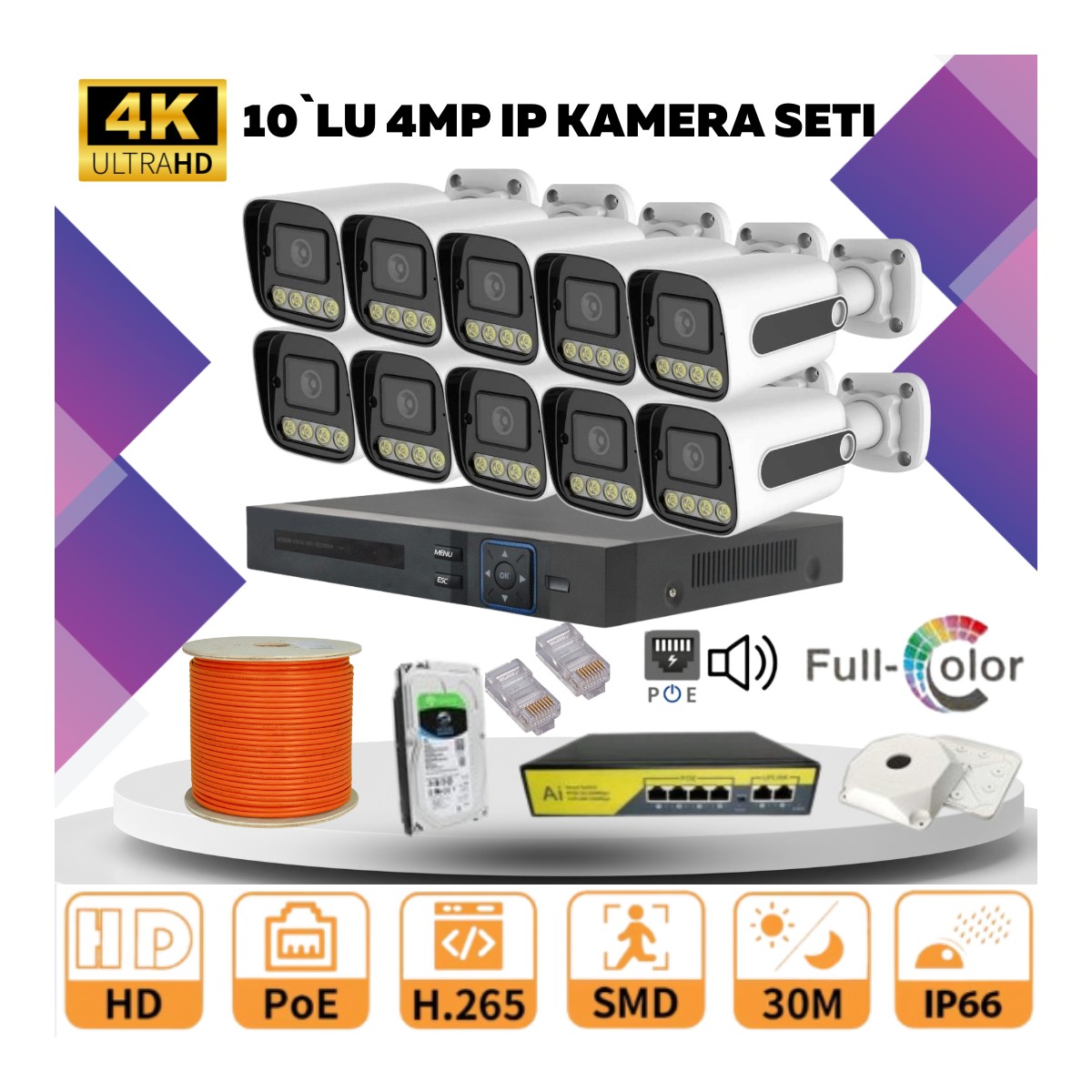Go Vision 10'lu Güvenlik Ip Kamera Seti - 4mp Dış Mekan Kamera, 3.6mm Lens, H.265, Poe, Warm LED Gece Görüşlü
