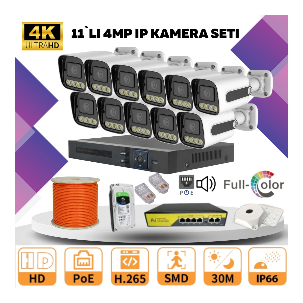 Go Vision 11'li Güvenlik Ip Kamera Seti - 4mp Dış Mekan Kamera, 3.6mm Lens, H.265, Poe, Warm LED Gece Görüşlü
