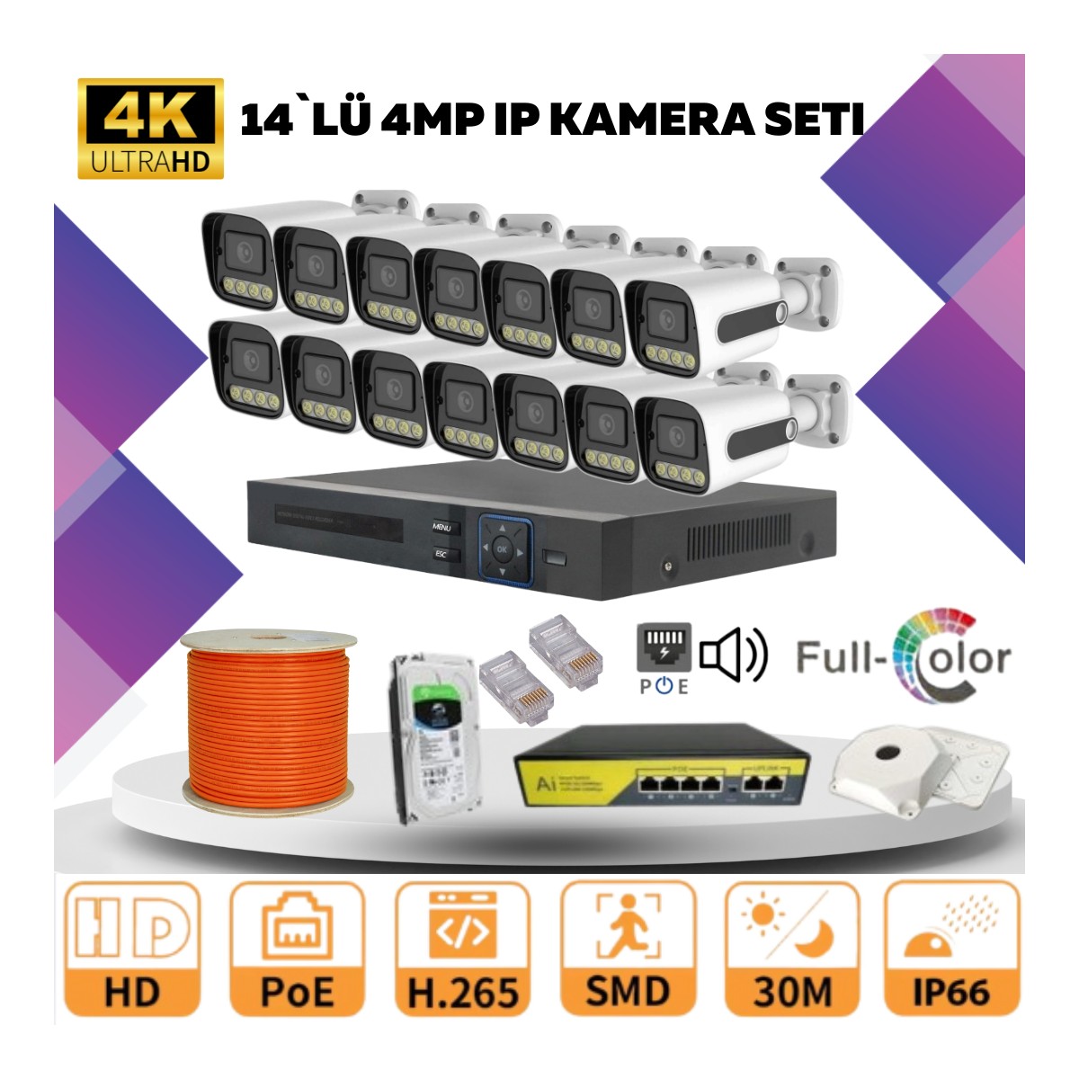 Go Vision 14'lü Güvenlik Ip Kamera Seti - 4mp Dış Mekan Kamera, 3.6mm Lens, H.265, Poe, Warm LED Gece Görüşlü