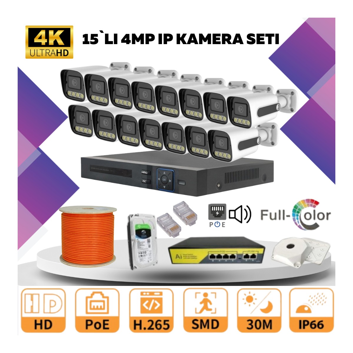 Go Vision 15'li Güvenlik Ip Kamera Seti - 4mp Dış Mekan Kamera, 3.6mm Lens, H.265, Poe, Warm LED Gece Görüşlü