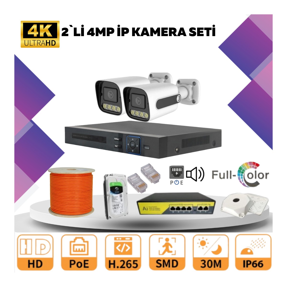 Go Vision 2'li Güvenlik Ip Kamera Seti - 4mp Dış Mekan Kamera, 3.6mm Lens, H.265, Poe, Warm LED Gece Görüşlü