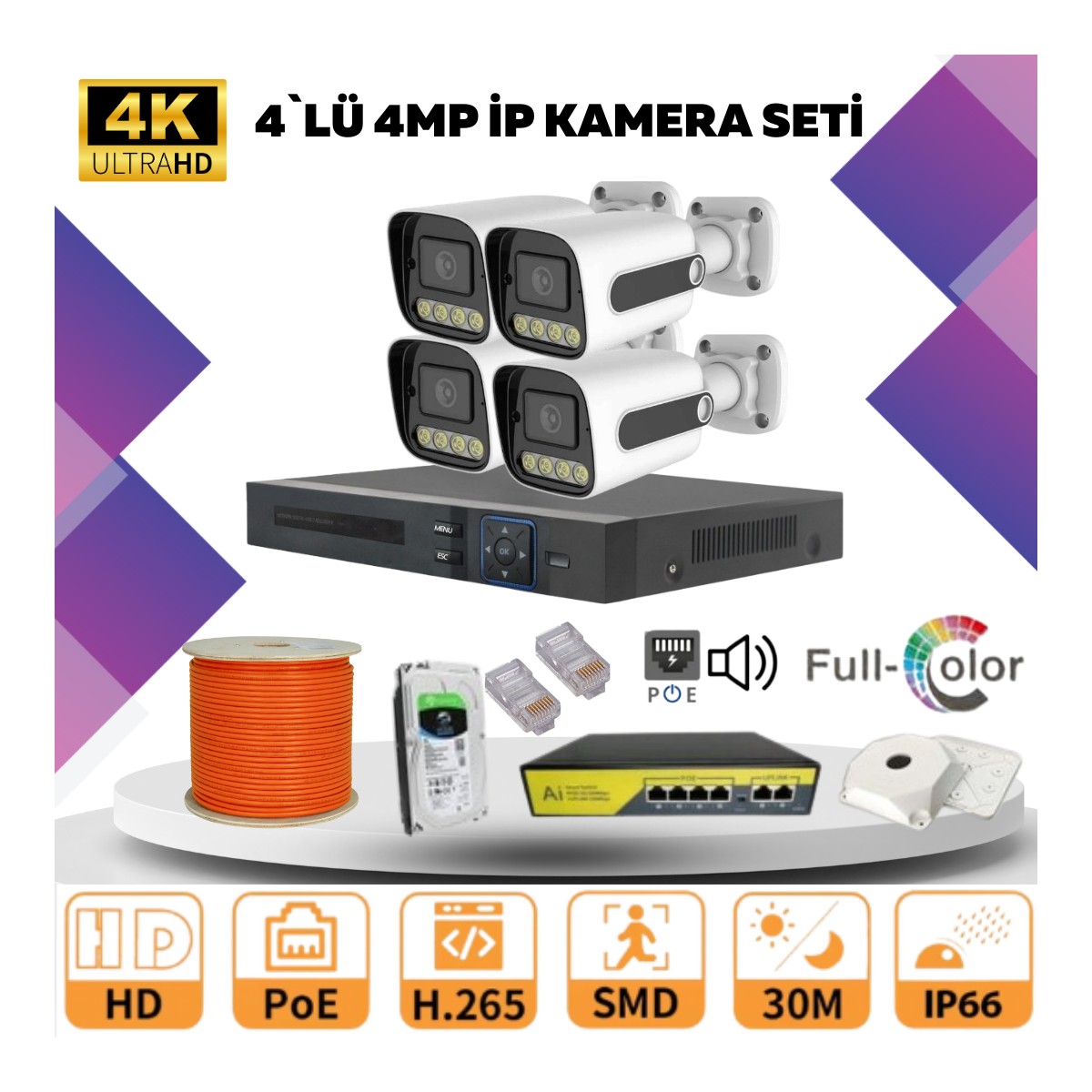 Go Vision 4'lü Güvenlik Ip Kamera Seti - 4mp Dış Mekan Kamera, 3.6mm Lens, H.265, Poe, Warm LED Gece Görüşlü
