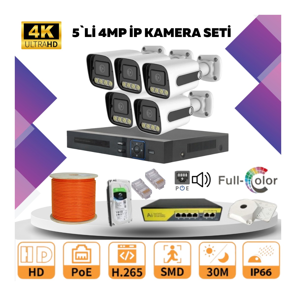 Go Vision 5'li Güvenlik Ip Kamera Seti - 4mp Dış Mekan Kamera, 3.6mm Lens, H.265, Poe, Warm LED Gece Görüşlü