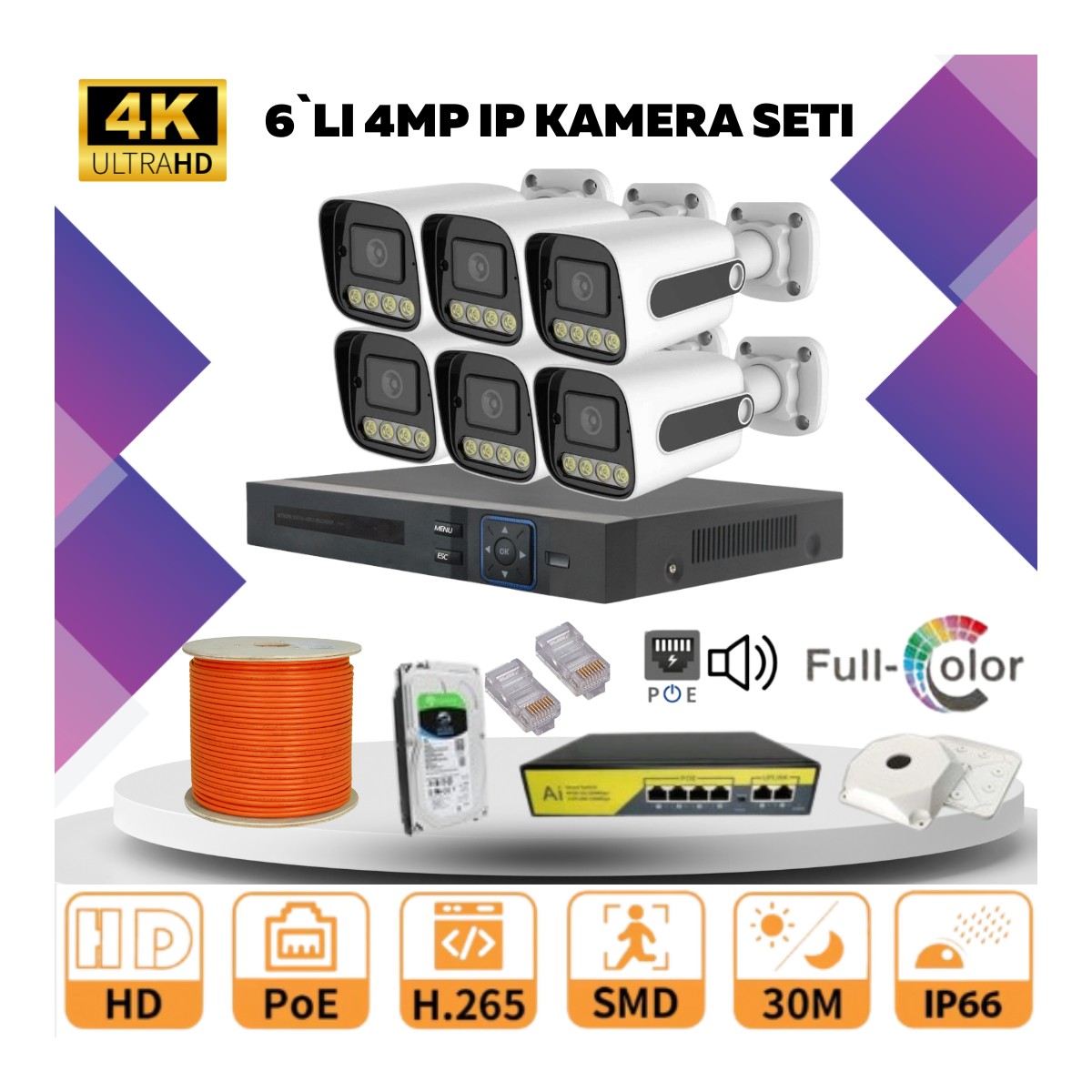 Go Vision 6'lı Güvenlik Ip Kamera Seti - 4mp Dış Mekan Kamera, 3.6mm Lens, H.265, Poe, Warm LED Gece Görüşlü
