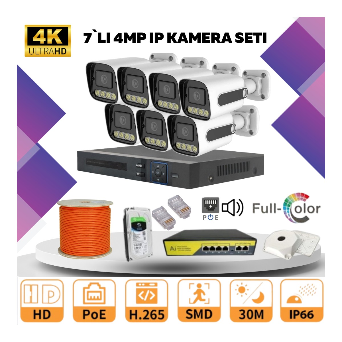 Go Vision 7'li Güvenlik Ip Kamera Seti - 4mp Dış Mekan Kamera, 3.6mm Lens, H.265, Poe, Warm LED Gece Görüşlü