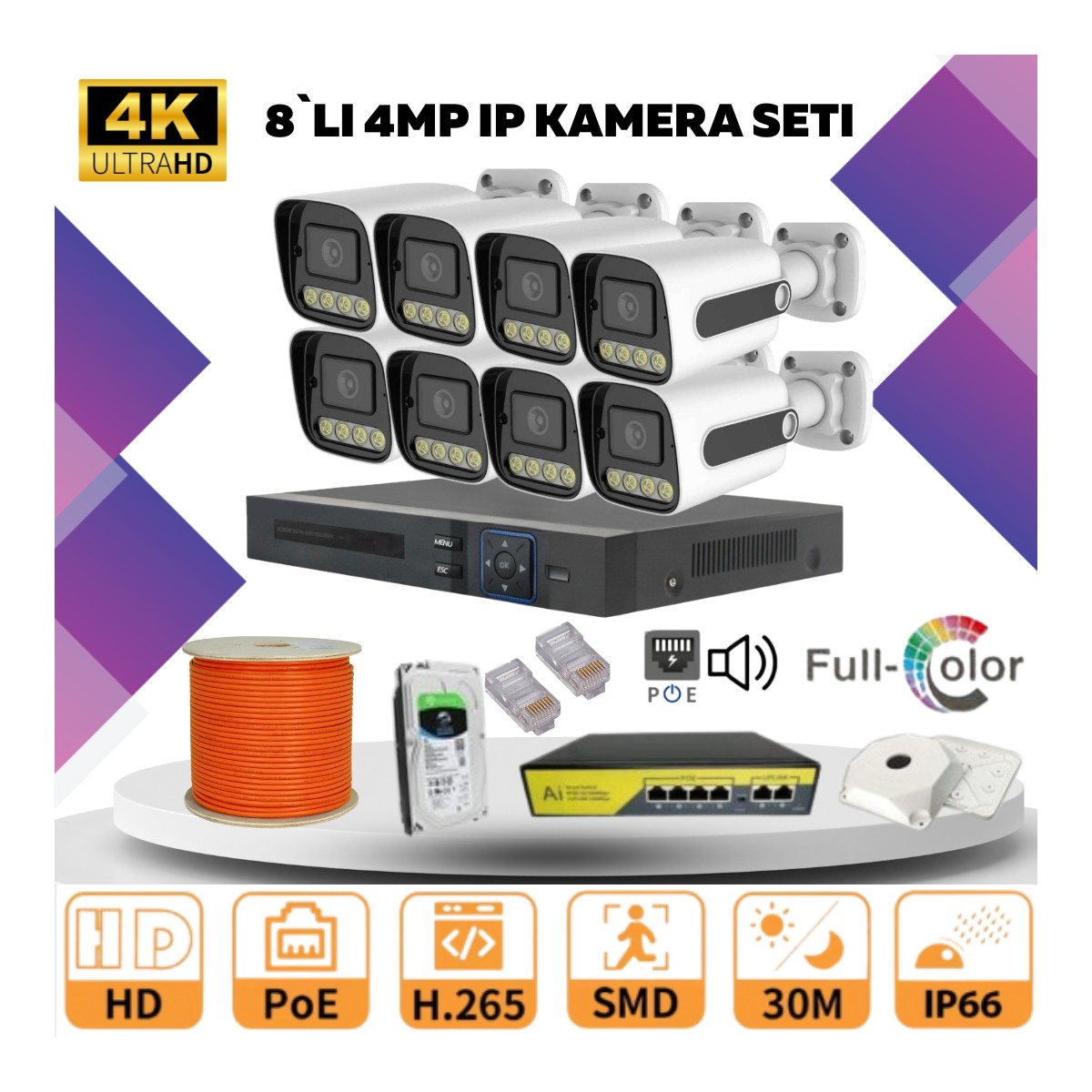 Go Vision 8'li Güvenlik Ip Kamera Seti - 4mp Dış Mekan Kamera, 3.6mm Lens, H.265, Poe, Warm LED Gece Görüşlü