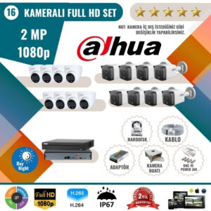Dahua 2MP 1080p Full HD Güvenlik Kamerası Seti – 16'lı AHD Kamera ve Kayıt Cihazı