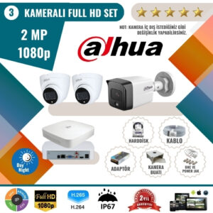 Dahua 2MP 1080p Full HD Güvenlik Kamerası Seti – 3'lü AHD Kamera ve Kayıt Cihazı