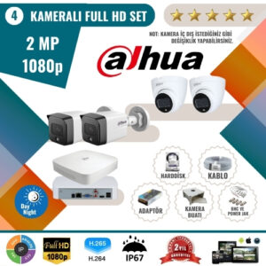 Dahua 2MP 1080p Full HD Güvenlik Kamerası Seti – 4'lü AHD Kamera ve Kayıt Cihazı