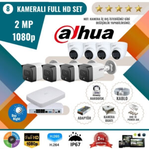Dahua 2MP 1080p Full HD Güvenlik Kamerası Seti – 8'li AHD Kamera ve Kayıt Cihazı