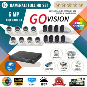 Go Vision 16'lı 5MP AHD Kamera Seti – Full Color, 360mm Lensli, Gece Görüşlü Güvenlik Sistemi