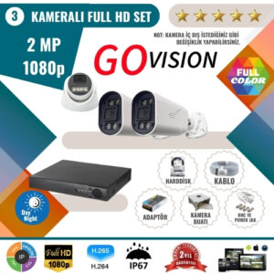 Go Vision 3'lü 2MP AHD Güvenlik Kamera Seti – Full HD, Gece Görüşlü, Kayıt Cihazı Dahil