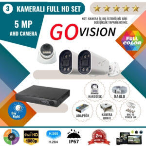 Go Vision 3'lü 5MP AHD Kamera Seti – Full Color, 360mm Lensli, Gece Görüşlü Güvenlik Sistemi